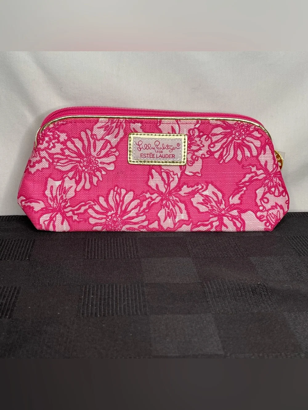 Lilly Pulitzer for Estee Lauder Pink Floral Cosmetic Bag with Gold Trim